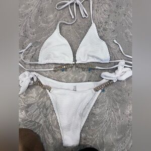 Victoria's Secret White Bikini Top with Gold and Blue Details